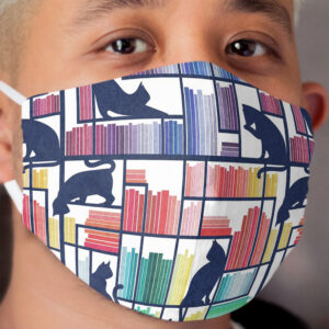 Rainbow bookshelf // white background navy blue shelf and library cats Cloth Face Mask