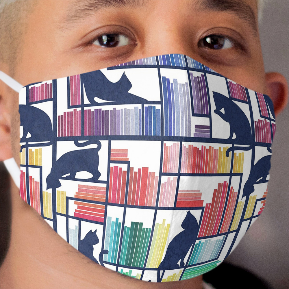 Rainbow bookshelf // white background navy blue shelf and library cats Cloth Face Mask