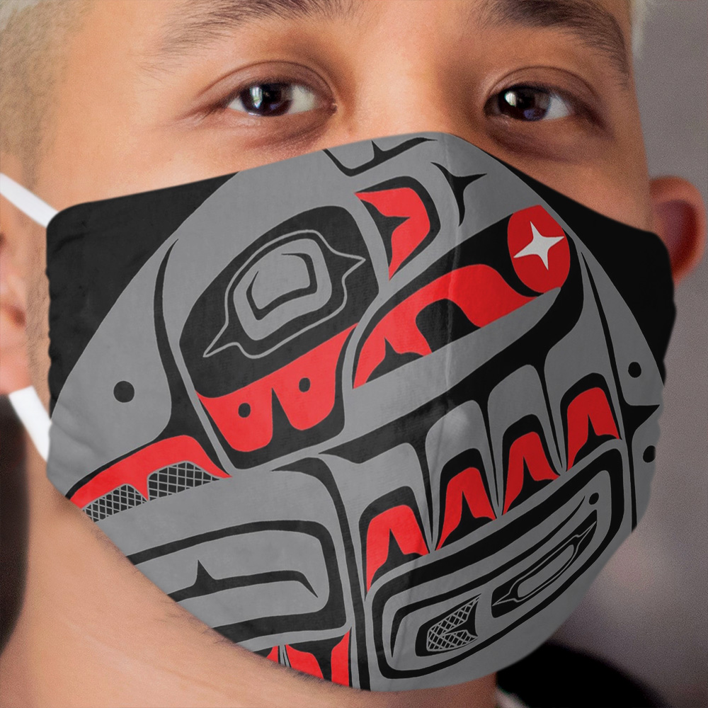 Raven Steals The Sun, Tlingit native, in gray Cloth Face Mask