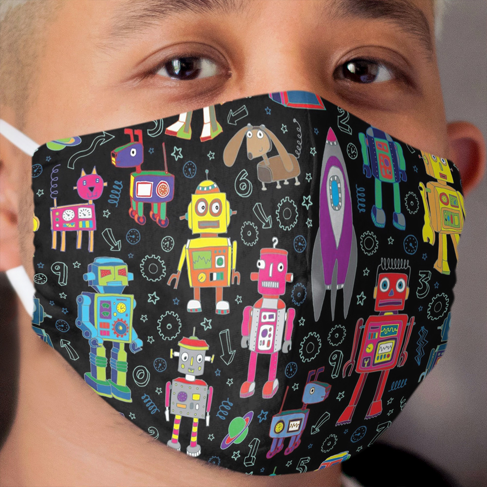 Robots in Space - black - fun pattern by Cecca Designs Cloth Face Mask