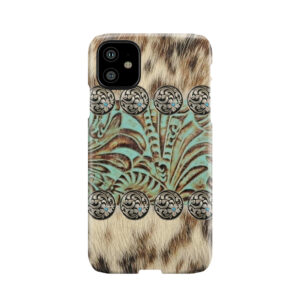 Rustic Brown Cowhide Teal Western Country Tooled Leather Phone Case
