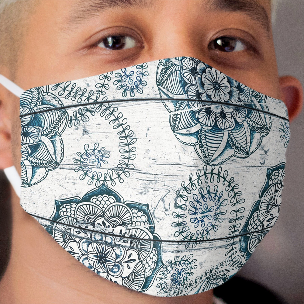 Shabby Chic Navy Blue doodles on Wood Cloth Face Mask