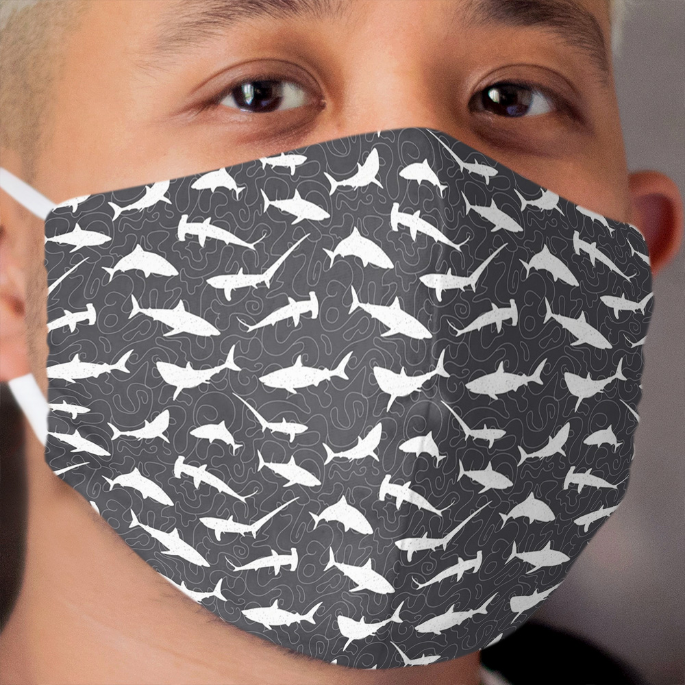 Shark Frenzy Pattern on Charcoal Grey Cloth Face Mask