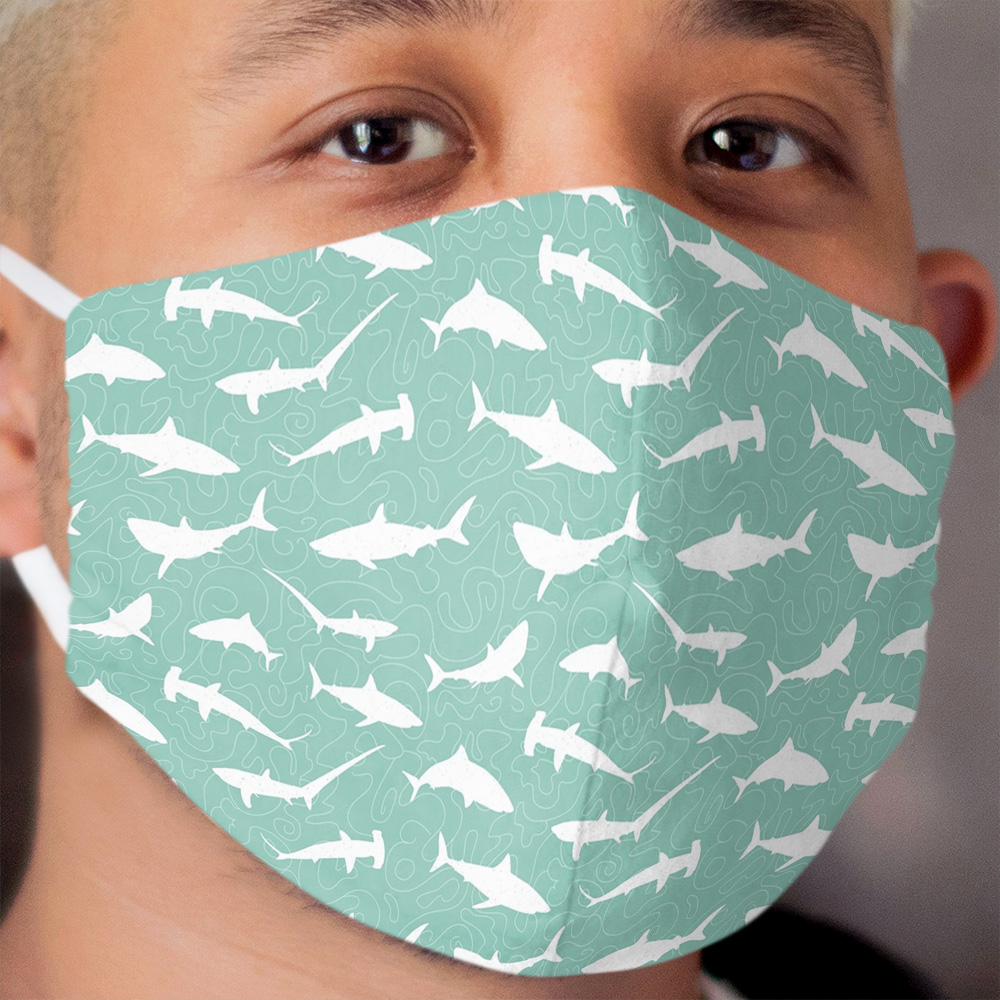 Shark Frenzy Pattern on Teal Blue Cloth Face Mask