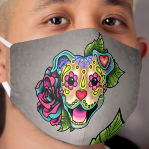 Smiling Pit Bull in Fawn - Day of the Dead Happy Pitbull - Sugar Skull Dog Cloth Face Mask