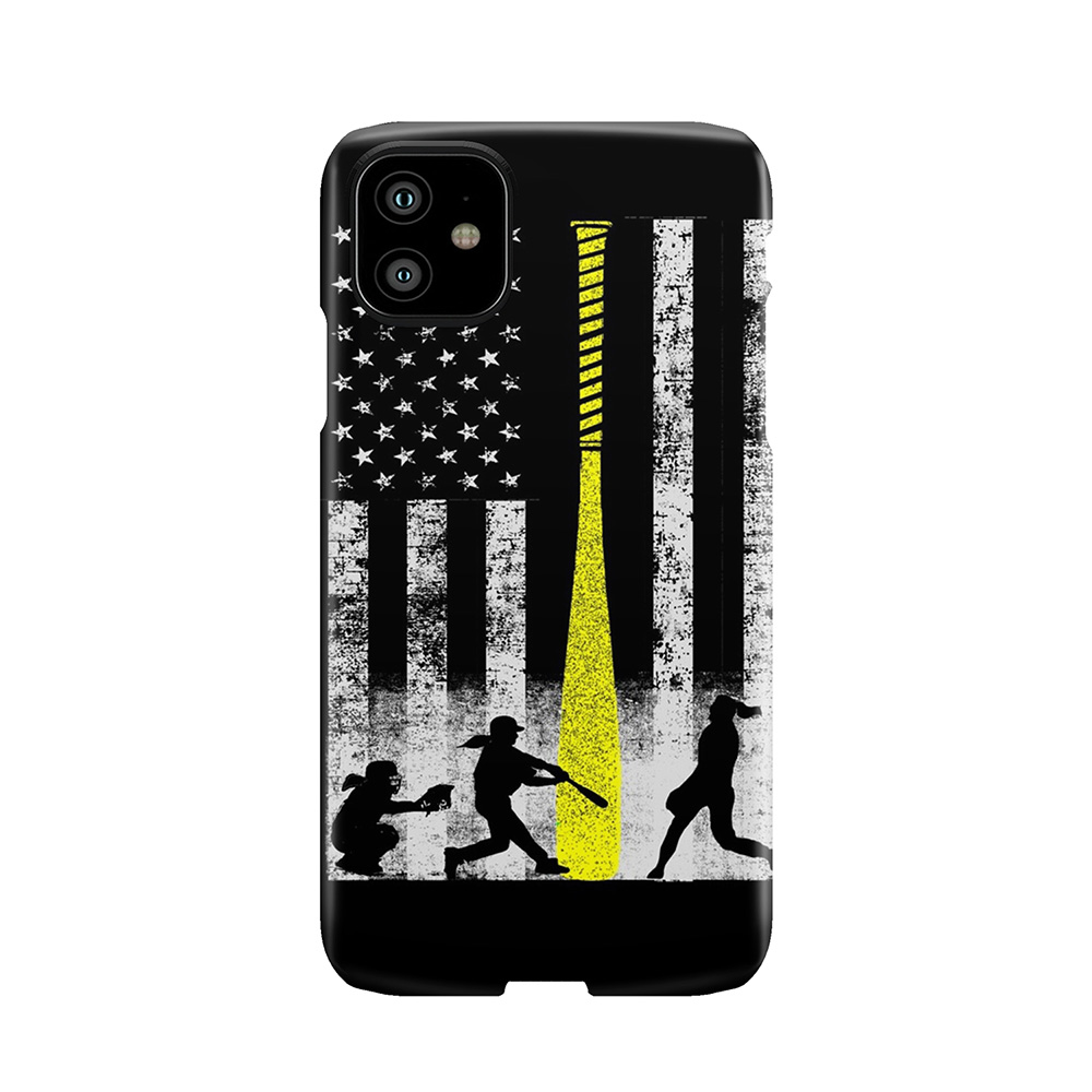 Softball Flag With Softball Players And Yellow Bat Phone Case