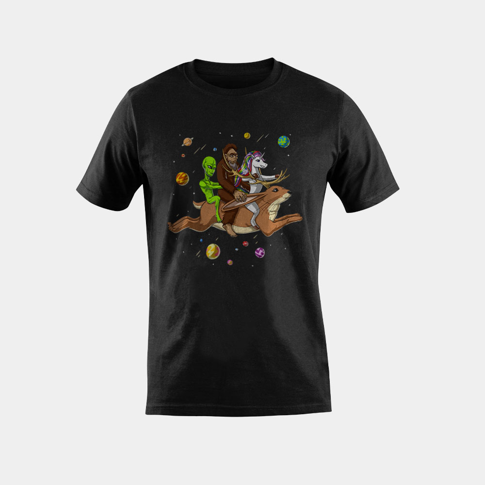 Space Alien Bigfoot Unicorn Riding Jackalope Cryptozoology T-Shirt
