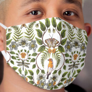 Spring Reflection - Floral/Botanical Pattern w/ Birds, Moths, Dragonflies & Flowers Cloth Face Mask