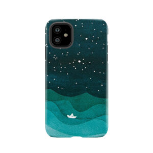 Starry Ocean, Teal Sailboat Watercolor Sea Waves Night Tough Phone Case