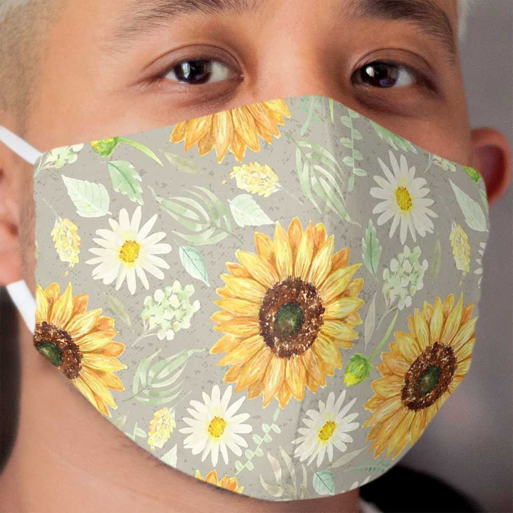 Sunflowers and Daisies | Watercolor | Art | Pattern | Grey Texture Cloth Face Mask