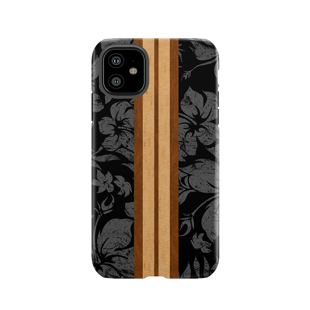 Sunset Beach Hawaiian Faux Koa Wood Surfboard - Black And Gray Tough Phone Case