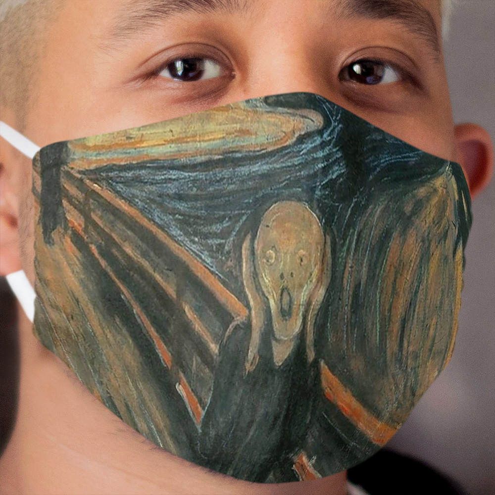 THE SCREAM. Edvard Munch, Man at bridge holding head with hands and screaming. On BLACK. Cloth Face Mask
