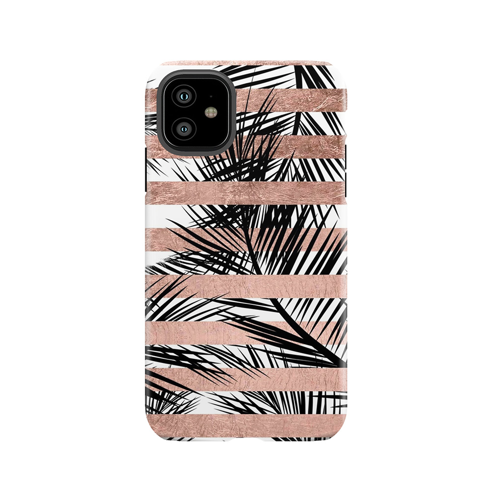 Trendy Tropical Palm Trees Chic Rose Gold Stripes Tough Phone Case
