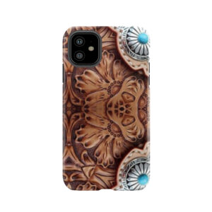 Turquoise Brown Cowboy Tribal Western Country Tooled Leather Tough Phone Case
