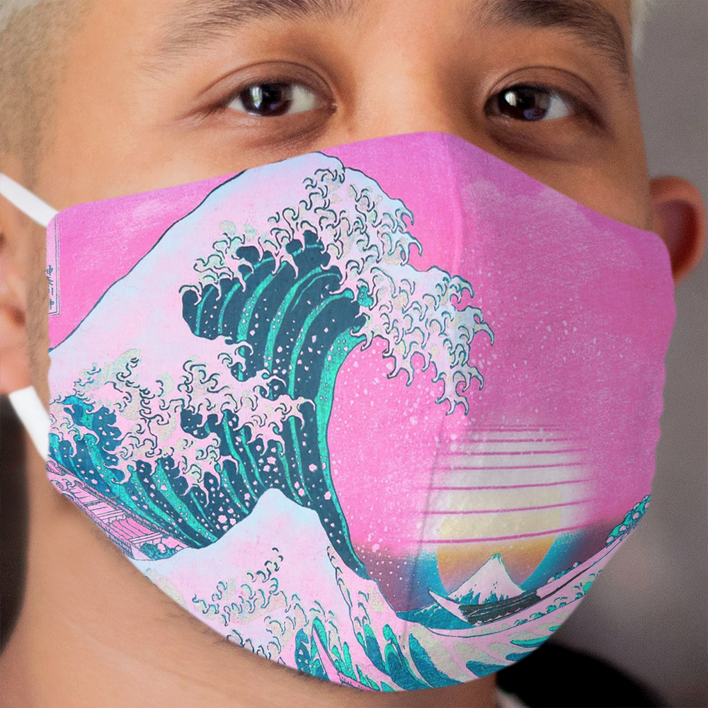 Vaporwave Aesthetic Great Wave Off Kanagawa Retro Sunset Cloth Face Mask