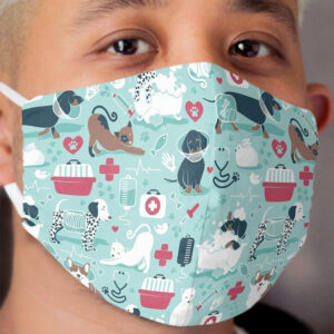 Veterinary medicine, happy and healthy friends // aqua background red details navy blue white and brown cats dogs and other animals Cloth Face Mask