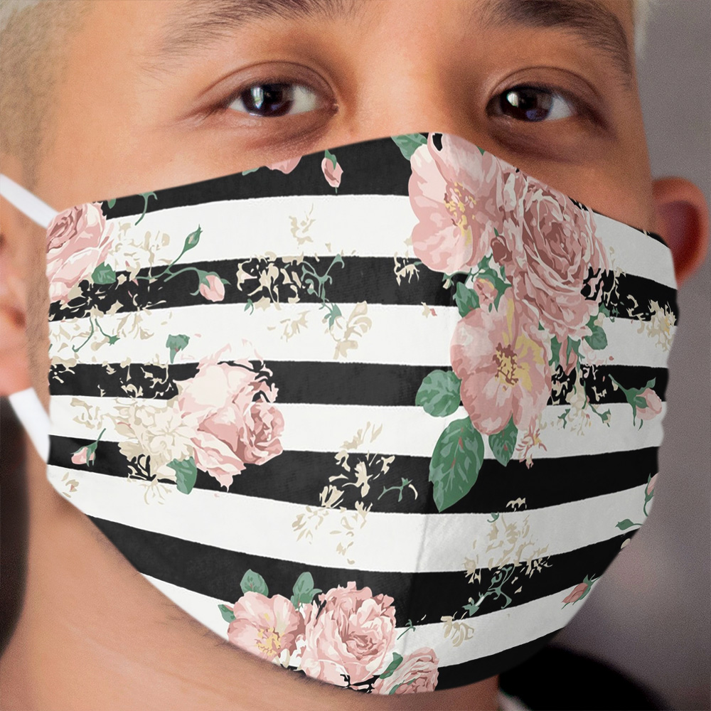 VINTAGE FLORAL ROSES BLACK AND WHITE STRIPES Cloth Face Mask