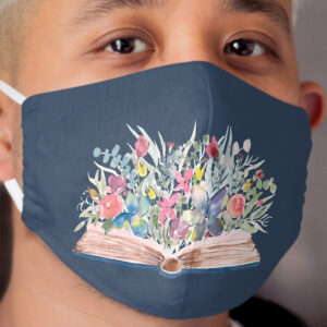 Watercolor Open Book with Florals on Navy Cloth Face Mask