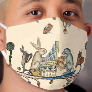 WEIRD MEDIEVAL BESTIARY MAKING MUSIC,White Rabbit And Dog Playing Organ, Harpist Hare, Snail Cat Cloth Face Mask