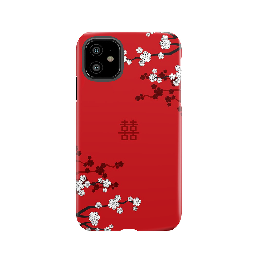 White Oriental Cherry Blossoms On Red And Chinese Wedding Double Happiness | Japanese Sakura Fatfatin Tough Phone Case