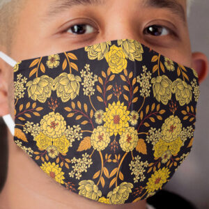 Yellow, Orange & Navy Blue Dark Floral Pattern Cloth Face Mask