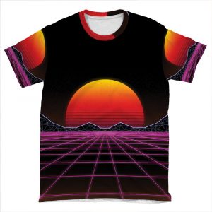 80S Retrowave Neon Grid Sunset Valley AOP T-shirt Tee