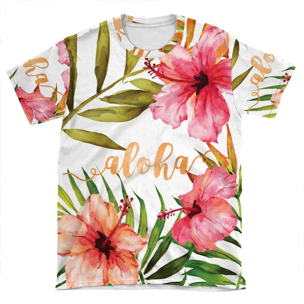 Aloha Tropical Hawaiian Floral Watercolor AOP T-shirt Tee