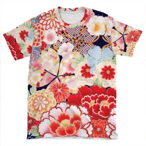 Antique Japanese Flowers Pink White Wild Roses Kimono Style Floral AOP T-shirt Tee