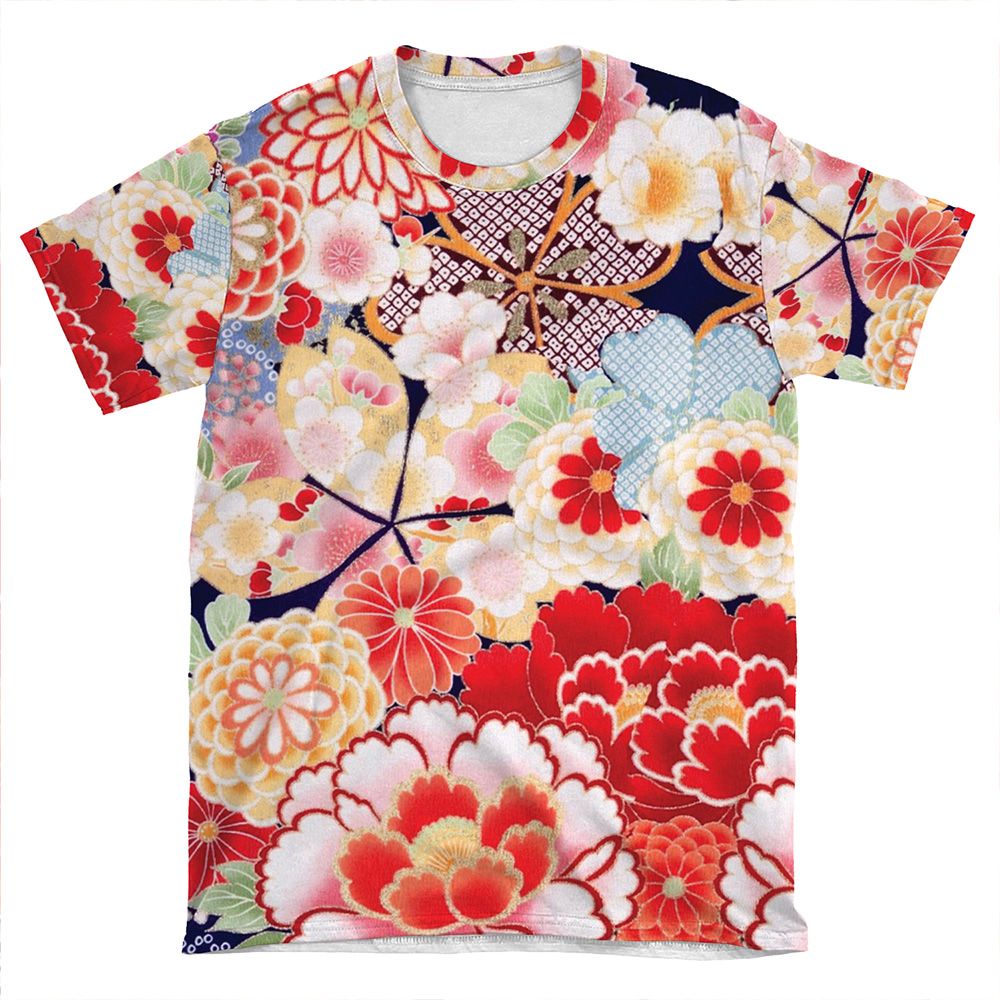 Antique Japanese Flowers Pink White Wild Roses Kimono Style Floral AOP T-shirt Tee