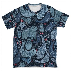 Arctic Animals. Narwhal, Polar Bear, Whale, Puffin, Owl, Fox, Bunny, Seal. AOP T-shirt Tee