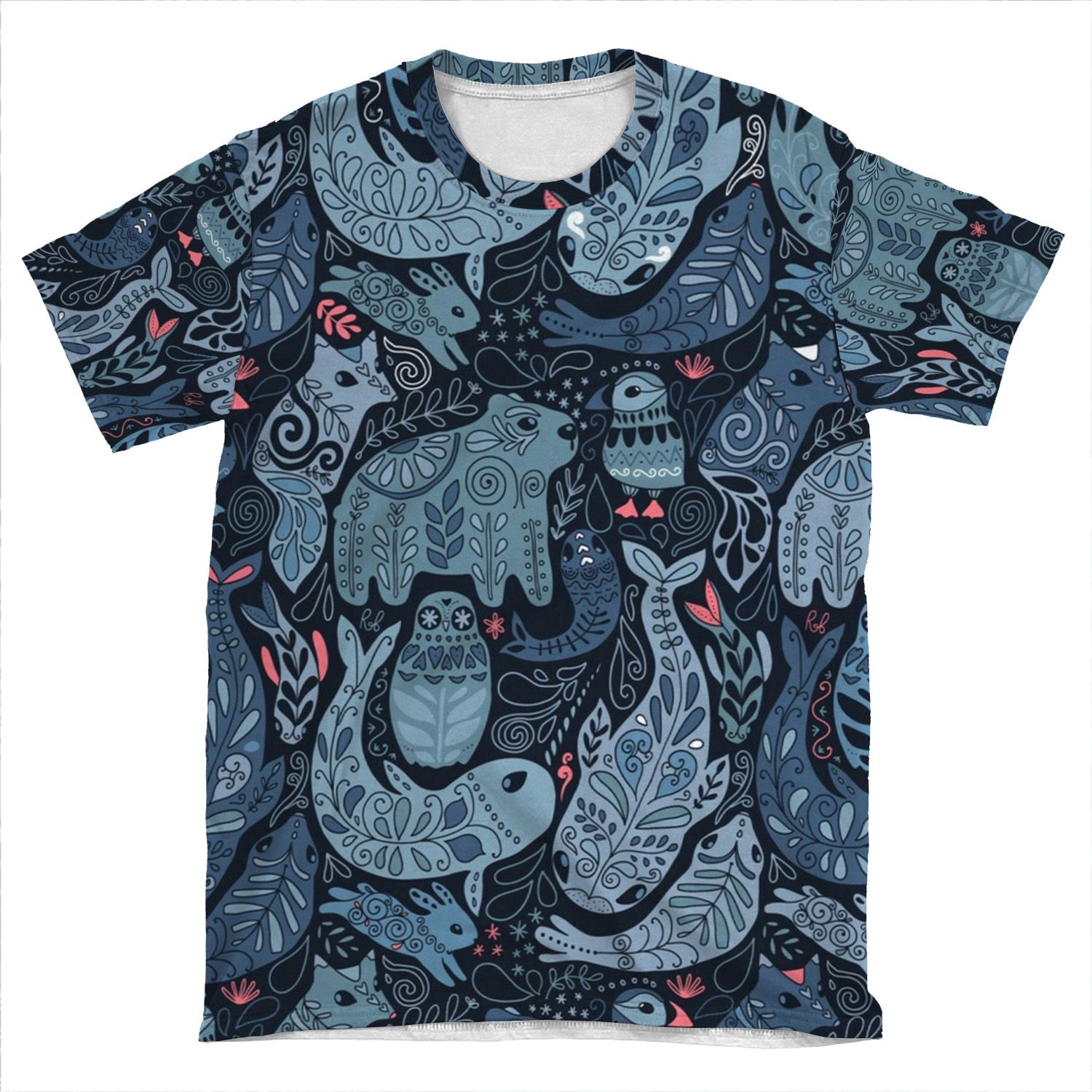 Arctic Animals. Narwhal, Polar Bear, Whale, Puffin, Owl, Fox, Bunny, Seal. AOP T-shirt Tee