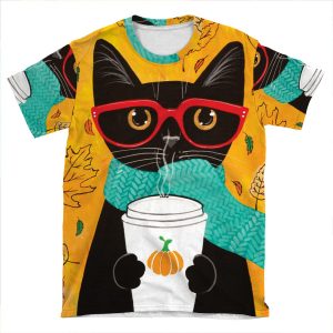 Autumn Pumpkin Coffee Cat AOP T-shirt Tee