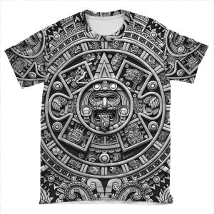 Aztec Calendar Sun Stone - Greyscale AOP T-shirt Tee
