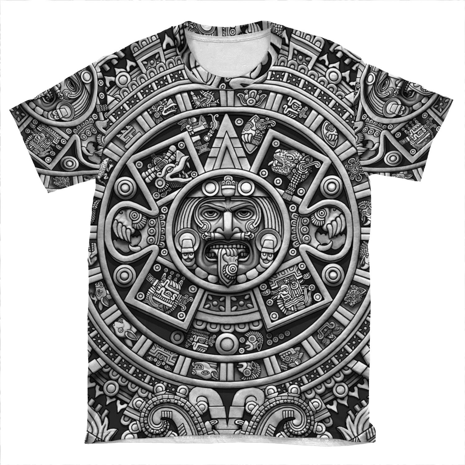 Aztec Calendar Sun Stone - Greyscale AOP T-shirt Tee