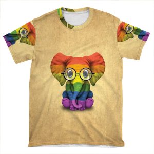 Baby Elephant With Glasses And Gay Pride Rainbow Flag AOP T-shirt Tee