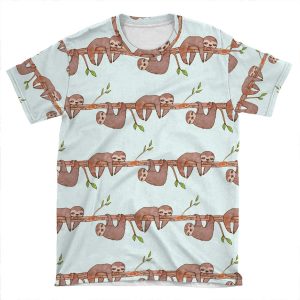Baby Sloths Hanging On Tree Pattern AOP T-shirt Tee