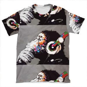 Banksy Dj Monkey Thinker With Headphones AOP T-shirt Tee