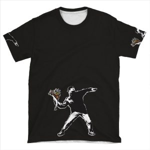 Banksy Graffiti Protest Anarchist Throwing Flowers Thrower Make Art Not War On Black Background Hd High Quality Online Store AOP T-shirt Tee