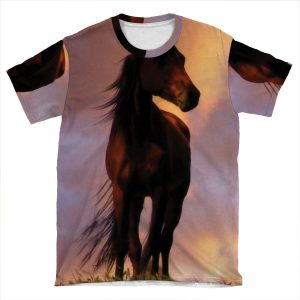 Beautiful Silhouetted Horse In Colorful Sundown AOP T-shirt Tee