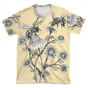 Bees And Chamomile On Honey Background AOP T-shirt Tee