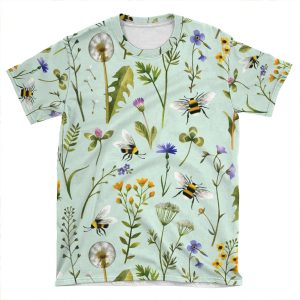 Bees And Wildflowers On Mint AOP T-shirt Tee