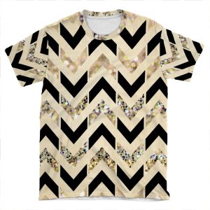 Black & Gold Glitter Herringbone Chevron On Nude Cream AOP T-shirt Tee
