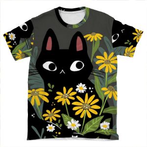 Black Cat With Flowers AOP T-shirt Tee