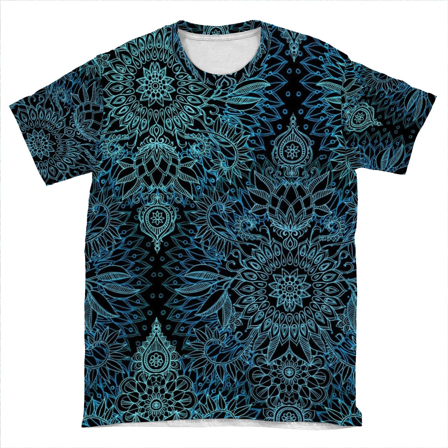 Black, Teal & Aqua Protea Doodle Pattern AOP T-shirt Tee