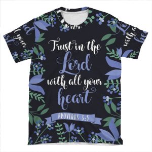 Blue Floral Flower Print Framed Background Proverbs 3:5 Bible Verse AOP T-shirt Tee