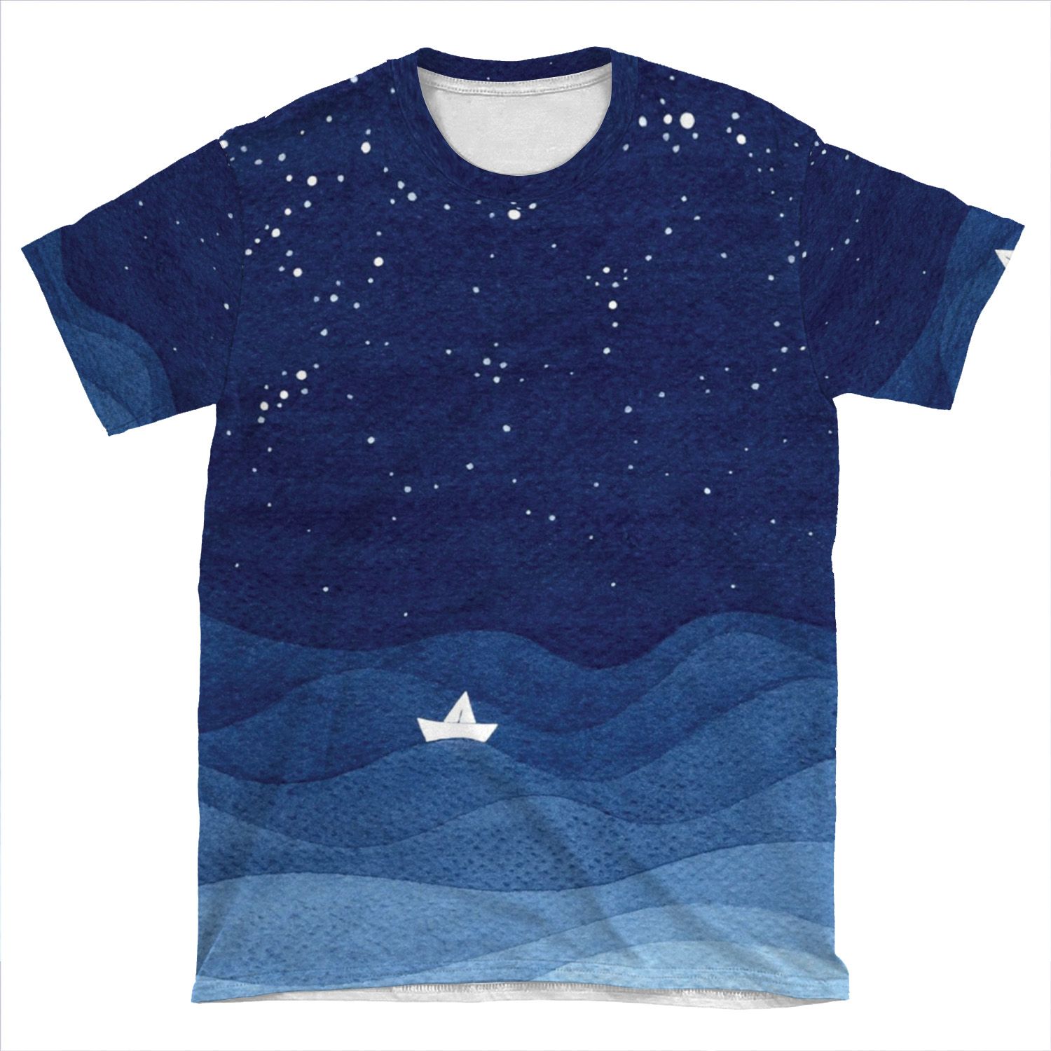 Blue Ocean Waves, Sailboat Ocean Stars AOP T-shirt Tee