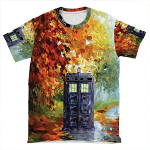 Blue Phone Booth With Autumn Views AOP T-shirt Tee