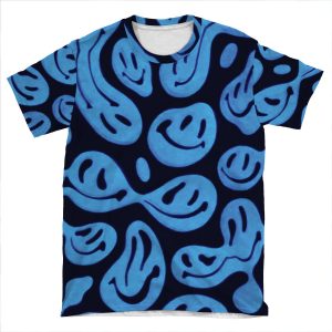 Blue Smiley Face Pattern AOP T-shirt Tee