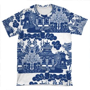 Blue Willow Chinoiserie Blue And White Porcelain Inspiration AOP T-shirt Tee