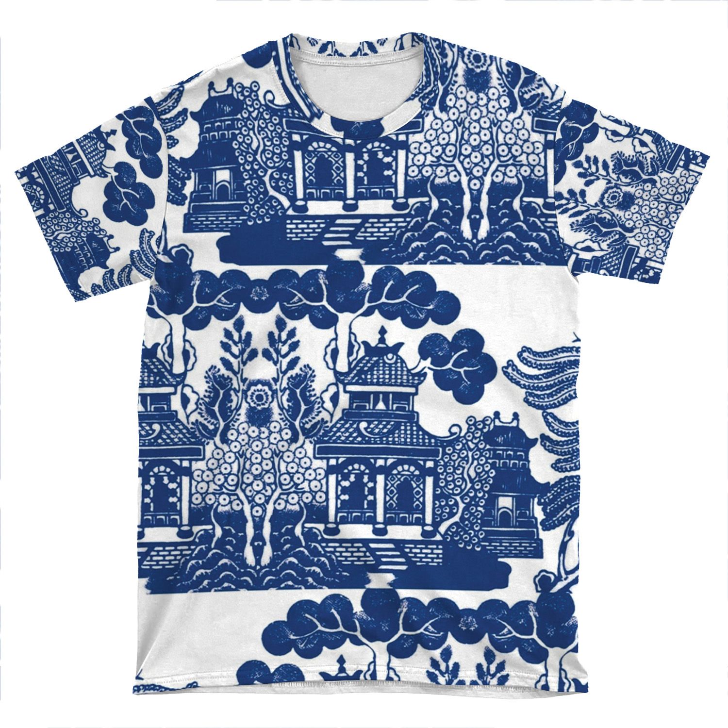 Blue Willow Chinoiserie Blue And White Porcelain Inspiration AOP T-shirt Tee